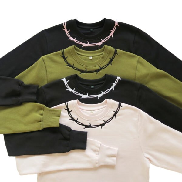 Custom Barbed Wire Embroidered O-Neck Pullover - Style CADCF6 Four custom embroidered barbed wire pullovers in black, olive green, and cream