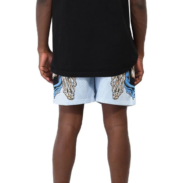 Custom Directional-Surface Basketball Mesh Shorts - Style 0158CE Light blue mesh basketball shorts with a directional graphic print