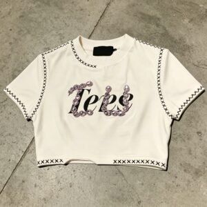 Custom Beaded Graphic Stitch-Trim Crop T-Shirt - Style F4FA1E