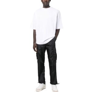 Men's black utility carpenter jeans with cargo pockets and a relaxed fit.