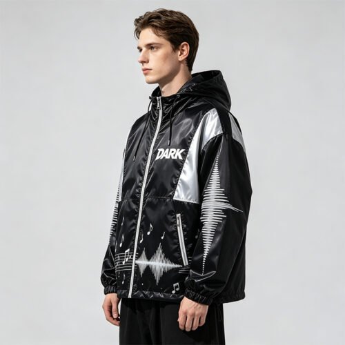 Custom Black Silver Graphic Hooded Windbreaker - Style 965AB4 Custom Black Silver Graphic Hooded Windbreaker - Style 965AB4