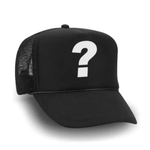 Black trucker cap with a white question mark patch