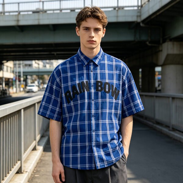 Custom Blue Plaid Boxy Short-Sleeve Woven Shirt - Style 36C239 - product detail view 3 Custom Blue Plaid Boxy Short-Sleeve Woven Shirt - Style 36C239 - product detail view 3