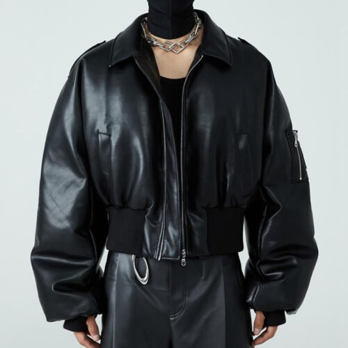Custom Boxy Faux Leather Flight Jacket - Style A0D1F1 Man wearing a black faux-leather boxy flight jacket