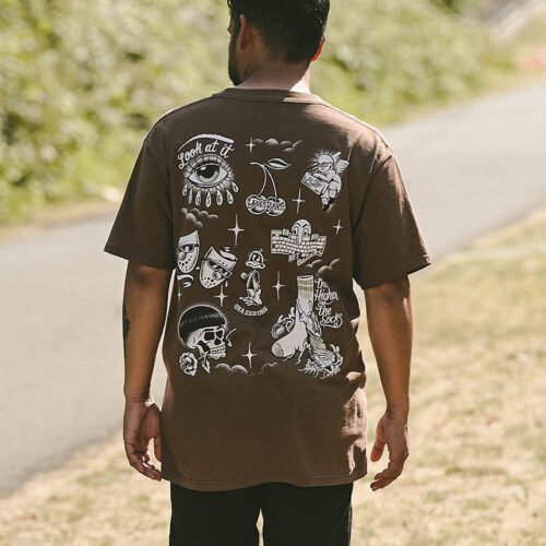 Custom Brown Back Graphic Oversized T-Shirt - Style B64EFC Brown oversized t-shirt with various tattoo-style graphics on the back