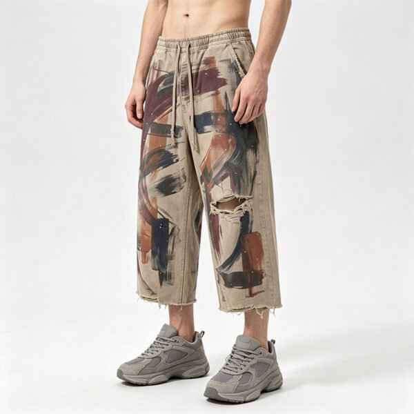 Custom Brushstroke Vintage Drawstring Pants 715-14 - Style F76D06 Vintage brushstroke print cropped wide-leg drawstring pants
