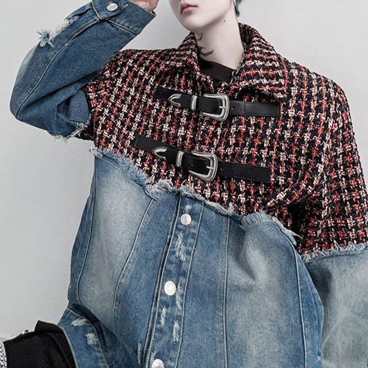 Mixed media denim and tweed jacket with buckle details