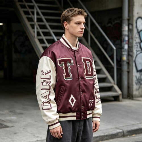 Custom Burgundy Satin Varsity Jacket - Style 014187