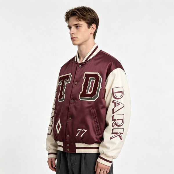 Custom Burgundy Satin Varsity Jacket - Style 014187 - product detail view 3 Custom Burgundy Satin Varsity Jacket - Style 014187 - product detail view 3