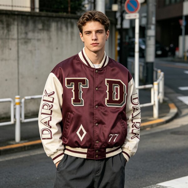 Custom Burgundy Satin Varsity Jacket - Style 014187 - product detail view 4 Custom Burgundy Satin Varsity Jacket - Style 014187 - product detail view 4