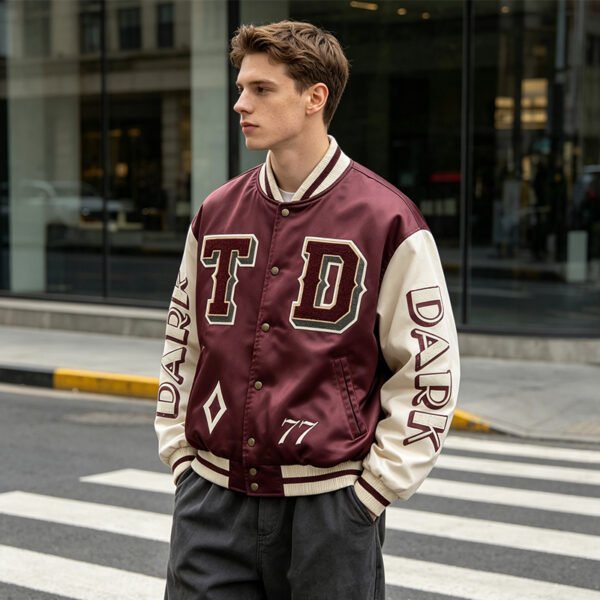 Custom Burgundy Satin Varsity Jacket - Style 014187 - product detail view 5 Custom Burgundy Satin Varsity Jacket - Style 014187 - product detail view 5