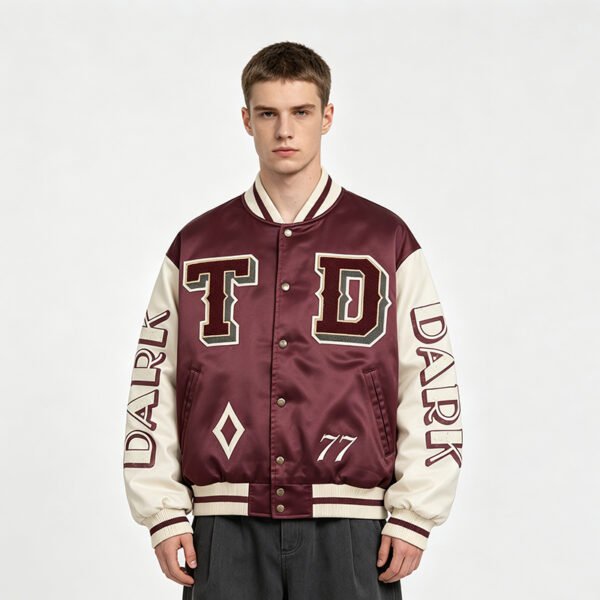 Custom Burgundy Satin Varsity Jacket - Style 014187 - product detail view 6 Custom Burgundy Satin Varsity Jacket - Style 014187 - product detail view 6