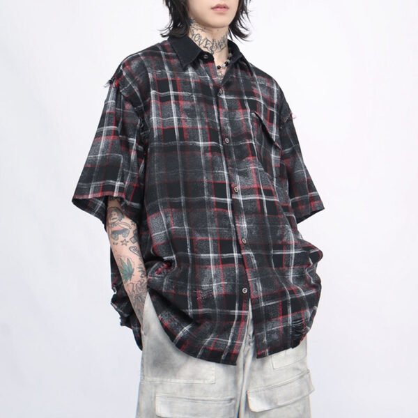 Custom Washed Plaid Patchwork Button-Front Shorts - Style 7E970F - product detail view 2