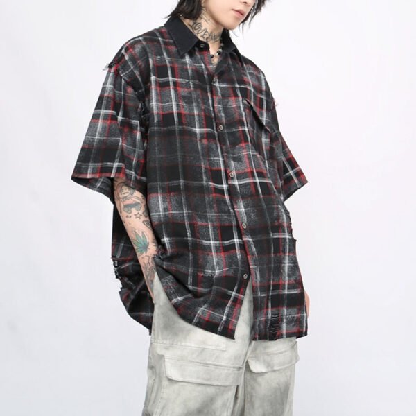 Custom Washed Plaid Patchwork Button-Front Shorts - Style 7E970F - product detail view 4