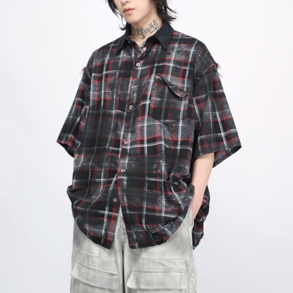 Custom Washed Plaid Patchwork Button-Front Shorts - Style 7E970F - product detail view 5