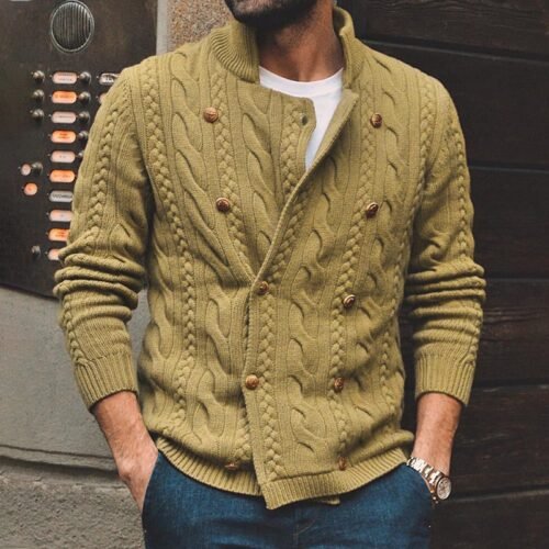 Man wearing olive green cable knit double-breasted cardigan