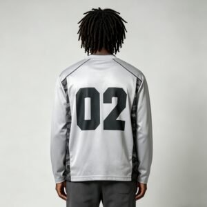 Grey long sleeve jersey with black "02" graphic