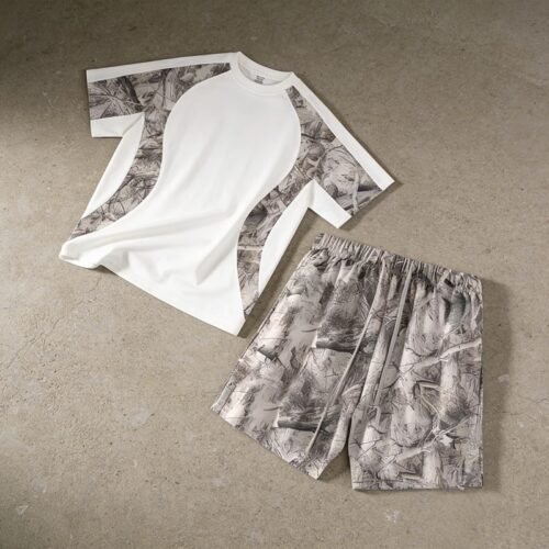 Custom Camo Panel Short Set - Style CD7E87 White t-shirt and shorts set with camouflage panel details.