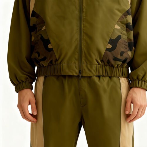 Custom Olive Camo Panel Track Jacket Set - Style DE514B Olive green and tan track jacket with camo panels