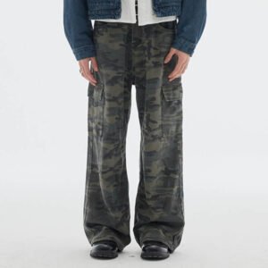 Front view of men's camouflage cargo work pants