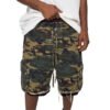 Men's camouflage cargo shorts with drawcord and distressed hem