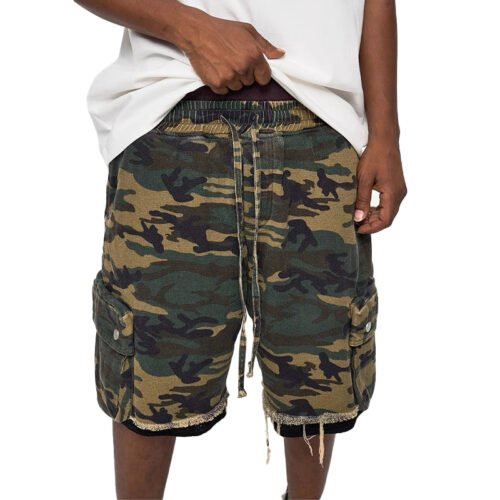 Custom Camouflage Cargo Drawcord Shorts | - Style B7F9CB Men's camouflage cargo shorts with drawcord and distressed hem