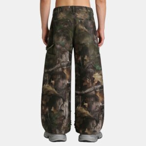 Back view of men's camouflage print utility cargo pants