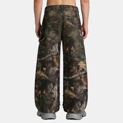 Back view of men's camouflage print utility cargo pants