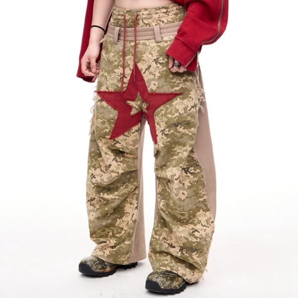 Custom Camouflage Frayed Patchwork Wide-Leg Pants - Style B80943 - product detail view 3