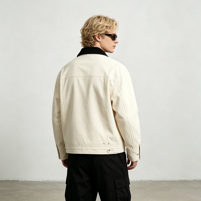Back view of a man wearing a cream canvas work jacket with a black collar.