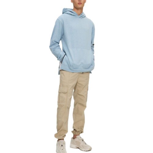 Custom Khaki Cargo Pants with Utility Pocket System - 10BAF05E7CD78986 - Style 10BAF0 Man wearing khaki cargo pants and a light blue hoodie