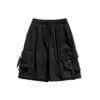 Black cargo shorts with utility straps and metal hardware