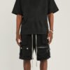 Men's black multi-pocket cargo shorts with zipper details