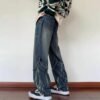 Custom Chain Detail Washed Loose Jeans - Style D9DB2E Washed loose fit denim jeans with chain detail