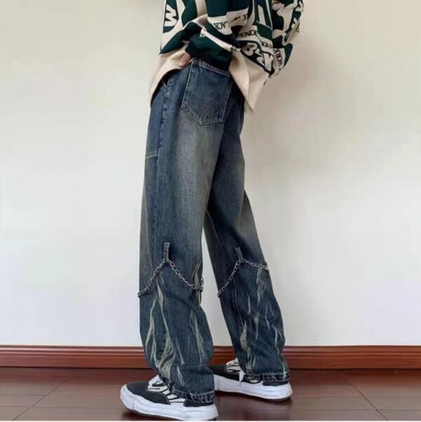 Custom Chain Detail Washed Loose Jeans - Style D9DB2E Washed loose fit denim jeans with chain detail
