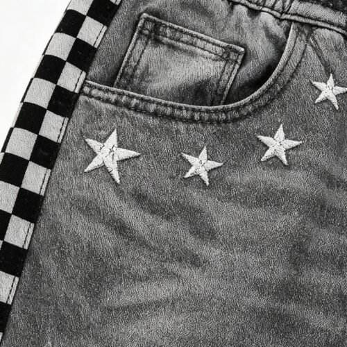 Custom Checker Stripe Distressed Denim Pants 713-04 - Style F9810F