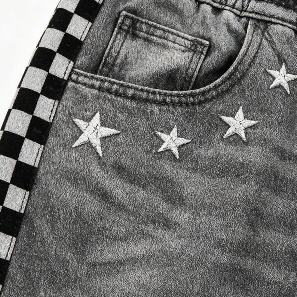 Custom Checker Stripe Distressed Denim Pants 713-04 - Style F9810F Custom Checker Stripe Distressed Denim Pants 713-04 - Style F9810F