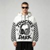 Custom Checkerboard Sleeve Half-Zip Hooded Jacket - Style 272FC8 White hooded jacket with checkerboard sleeves and graphic print