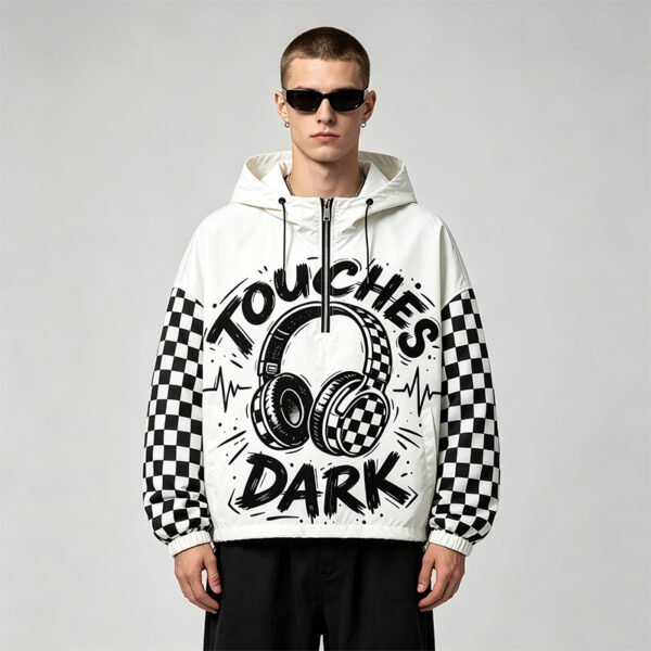 Custom Checkerboard Sleeve Half-Zip Hooded Jacket - Style 272FC8 White hooded jacket with checkerboard sleeves and graphic print