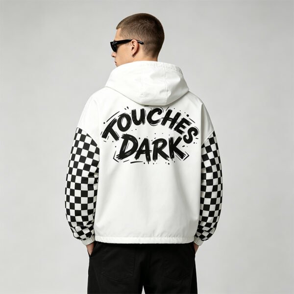 Custom Checkerboard Sleeve Half-Zip Hooded Jacket - Style 272FC8 - product detail view 2 Custom Checkerboard Sleeve Half-Zip Hooded Jacket - Style 272FC8 - product detail view 2
