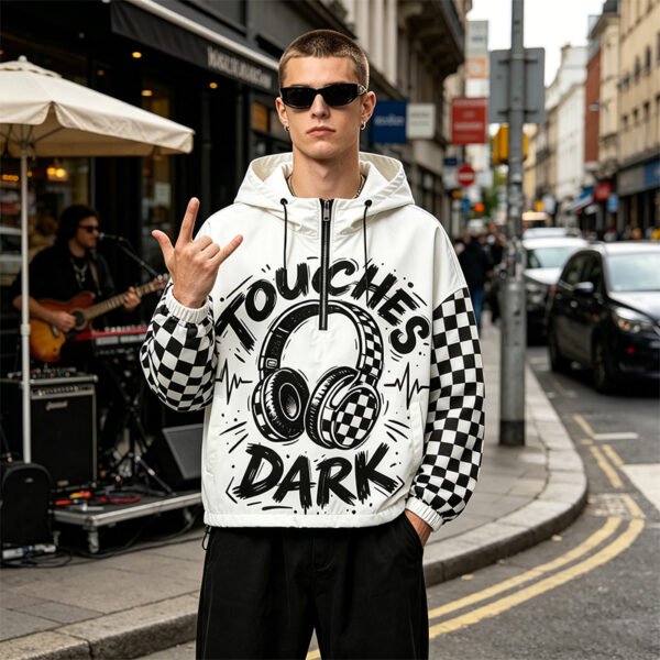 Custom Checkerboard Sleeve Half-Zip Hooded Jacket - Style 272FC8 - product detail view 4 Custom Checkerboard Sleeve Half-Zip Hooded Jacket - Style 272FC8 - product detail view 4