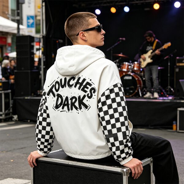 Custom Checkerboard Sleeve Half-Zip Hooded Jacket - Style 272FC8 - product detail view 5 Custom Checkerboard Sleeve Half-Zip Hooded Jacket - Style 272FC8 - product detail view 5