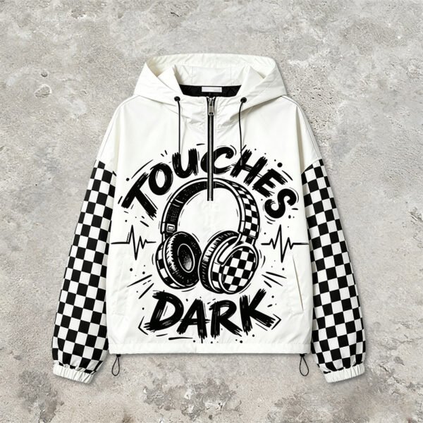 Custom Checkerboard Sleeve Half-Zip Hooded Jacket - Style 272FC8 - product detail view 10 Custom Checkerboard Sleeve Half-Zip Hooded Jacket - Style 272FC8 - product detail view 10