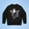 Black crewneck sweatshirt with a graphic of an angel holding a money bag