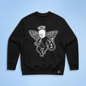 Black crewneck sweatshirt with a graphic of an angel holding a money bag