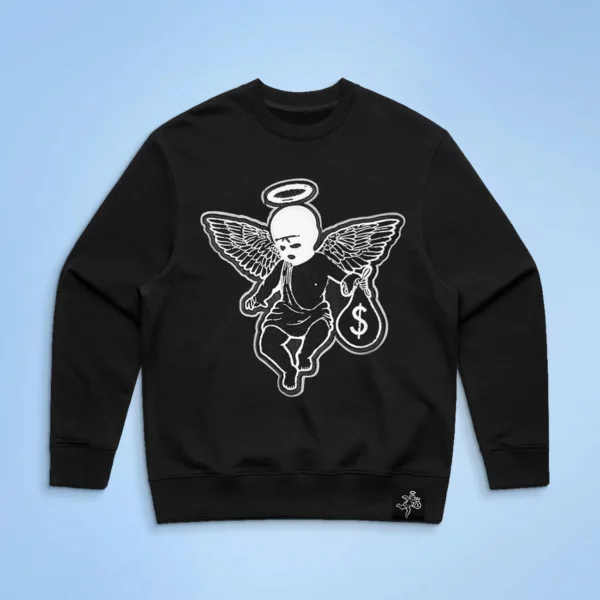 Black crewneck sweatshirt with a graphic of an angel holding a money bag
