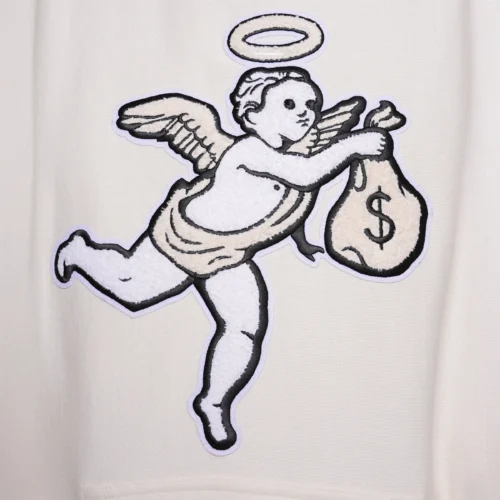 Cream chenille hoodie with an embroidered angel holding a money bag
