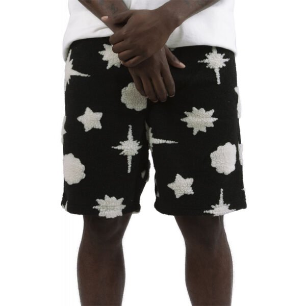 Custom Chenille Motif Knit Shorts - Style C8F0ED Men's black chenille shorts with white star and cloud pattern