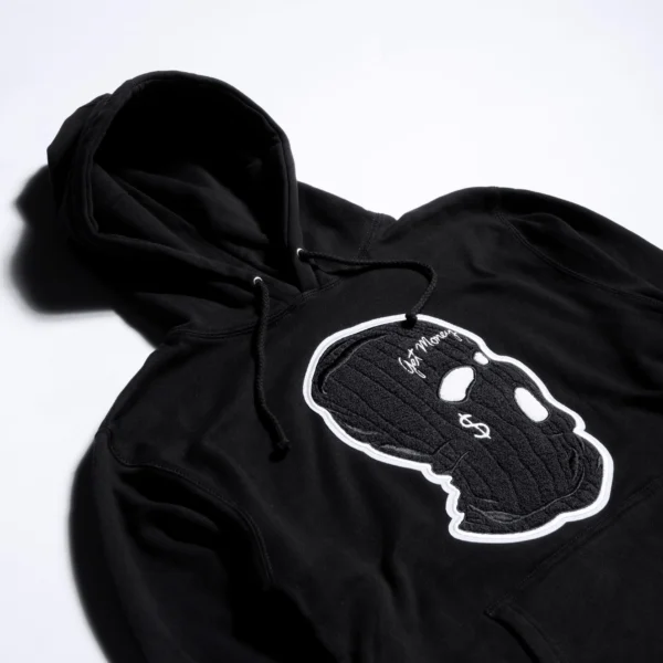 Custom Chenille Patch Pullover Hoodie - Style 4664AF Black hoodie with a chenille patch of a balaclava and 'Get Money' text