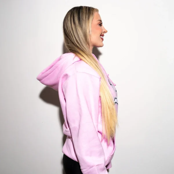 Custom Pink Chenille Patch Pullover Hoodie | - Style B12C54 - product detail view 3 Custom Pink Chenille Patch Pullover Hoodie | - Style B12C54 - product detail view 3